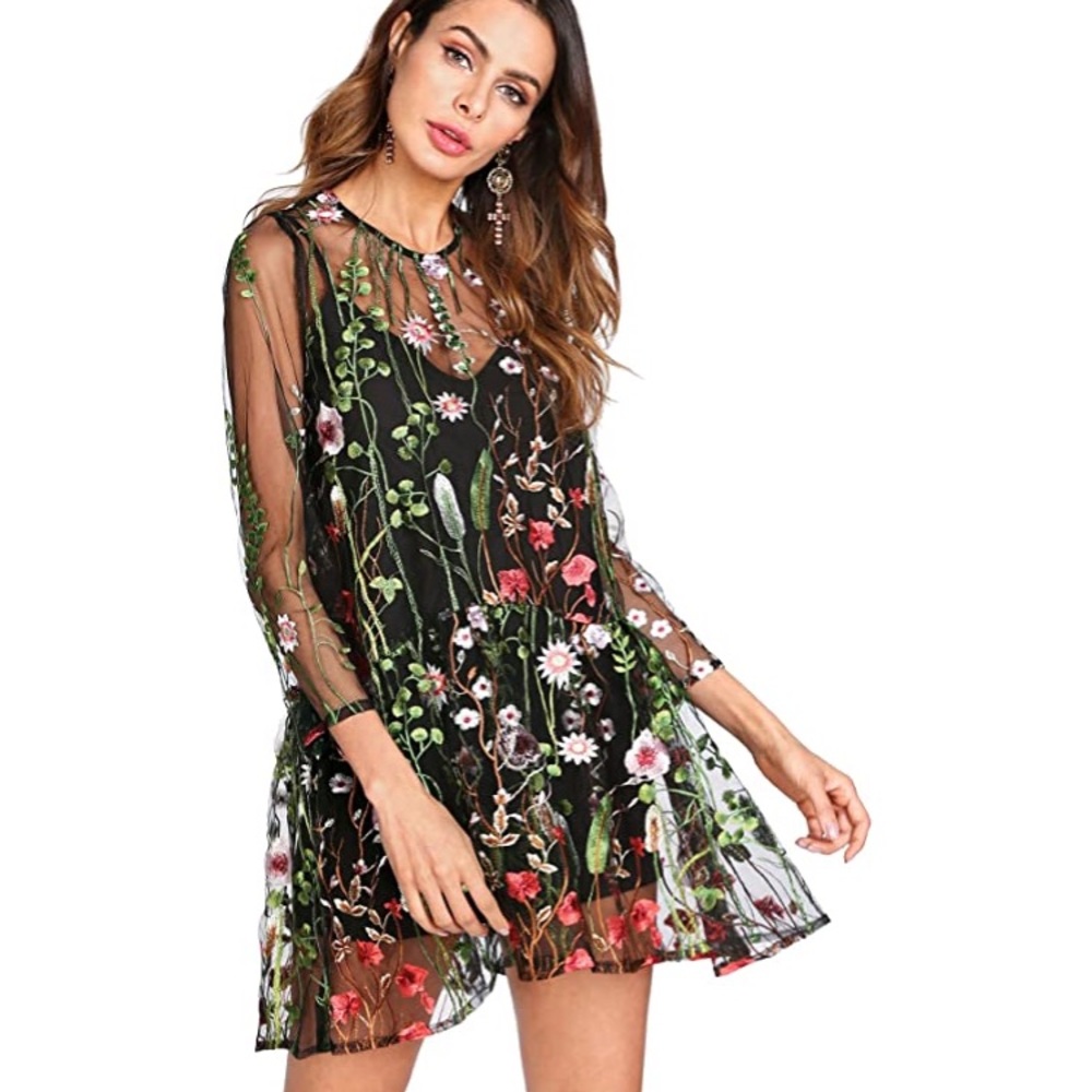 Floral Embroidery Sheer Mesh Dress